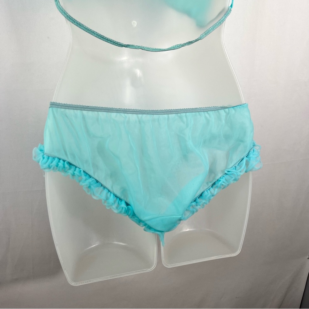 Vintage 1960s Tiffany Blue Mesh Ruffle Nightie Sleep Set Lingerie Peignoir Set - Picture 11 of 11